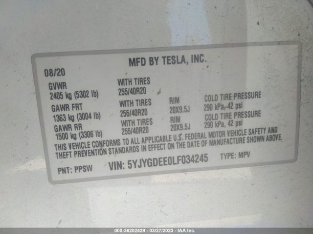 Tesla Model Y Long Range 2020 5YJYGDEE0LF034245 Image 10