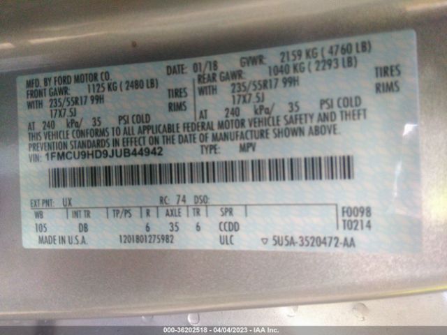 1FMCU9HD9JUB44942 Ford ESCAPE SEL