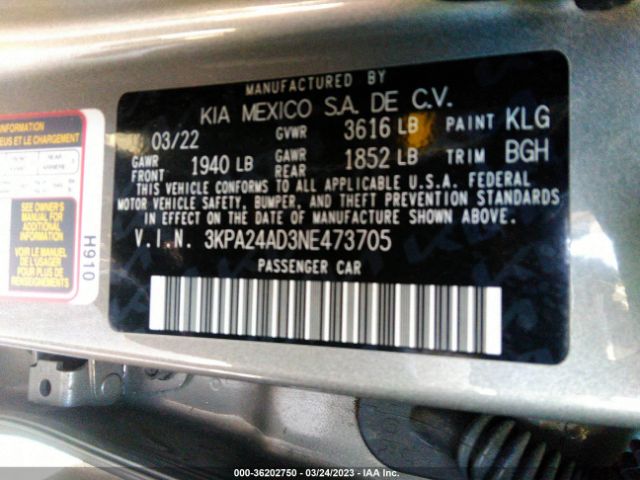 3KPA24AD3NE473705 KIA RIO S