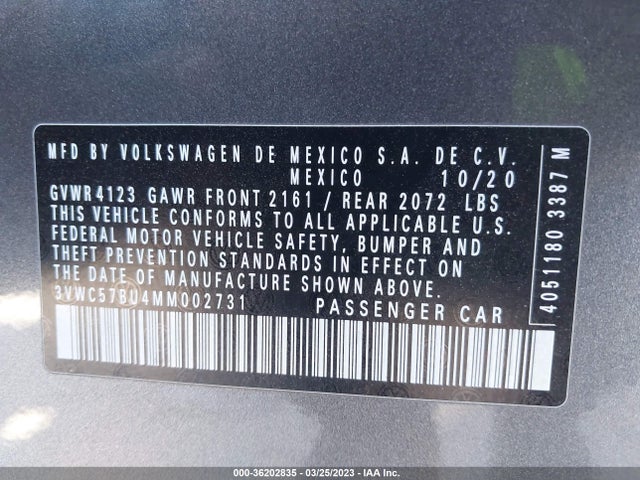 3VWC57BU4MM002731 Volkswagen Jetta S/se/r-line