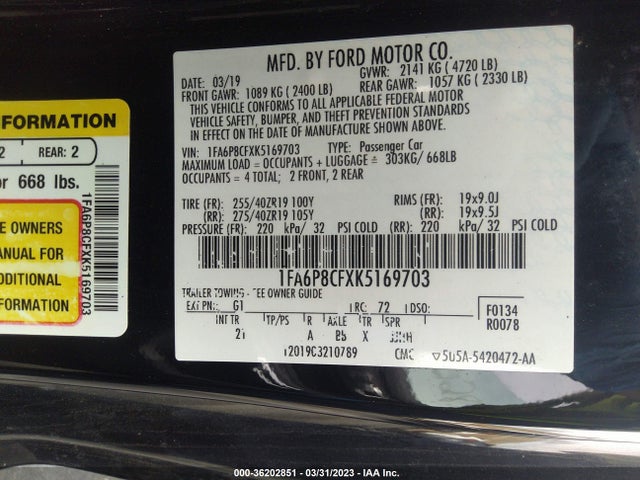2019 FORD MUSTANG GT VIN: 1FA6P8CFXK5169703