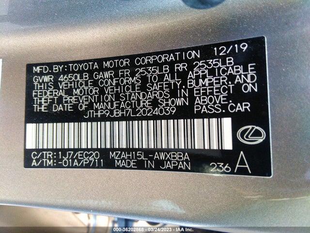 JTHP9JBH7L2024039 Lexus Ux Ux 250h
