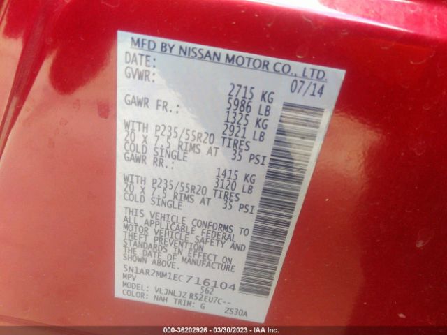 5N1AR2MM1EC716104 Nissan Pathfinder Platinum
