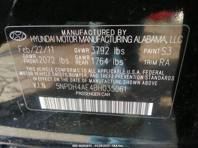 2011 HYUNDAI ELANTRA GLS PZEV VIN: 5NPDH4AE4BH035061
