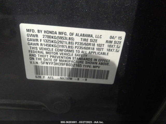 Honda PILOT SE 2015 5FNYF3H39FB032165 Image 9