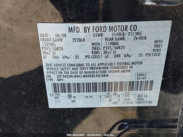 2008 FORD EDGE LIMITED VIN: 2FMDK49C48BB30384