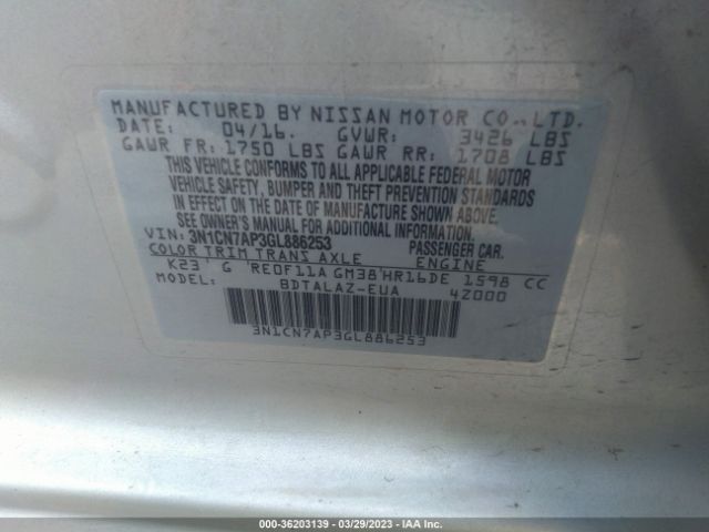 3N1CN7AP3GL886253 Nissan Versa S Plus