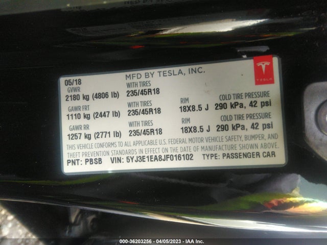 Tesla Model 3 Range Battery 2018 5YJ3E1EA8JF016102 Image 9