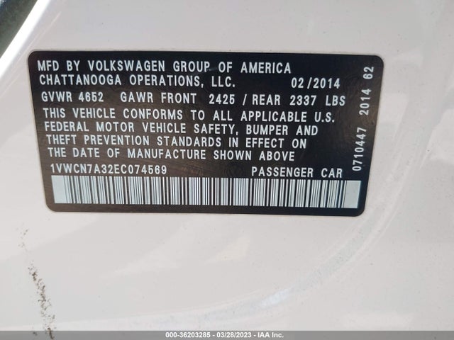1VWCN7A32EC074569 Volkswagen Passat Tdi Sel Premium
