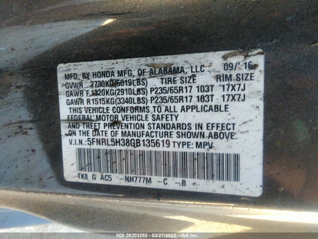 Honda ODYSSEY SE 2016 5FNRL5H38GB135619 Image 9