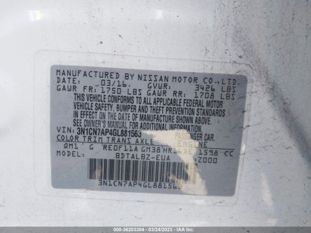 3N1CN7AP4GL881563 Nissan VERSA SV