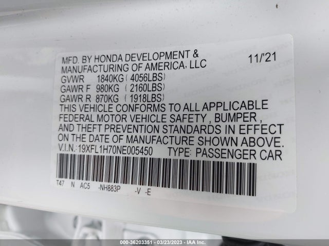 Honda Civic Hatchback Ex-l 2022 19XFL1H70NE005450 Image 11
