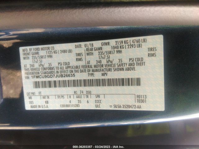 1FMCU9GD7JUB26635 Ford ESCAPE SE