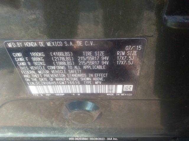 Honda HR-V EX 2016 3CZRU6H51GM716616 Image 9