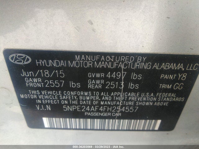 2015 HYUNDAI SONATA 2.4L SE VIN: 5NPE24AF4FH254557