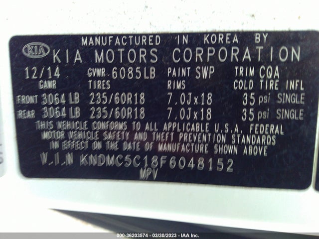 2015 KIA SEDONA EX VIN: KNDMC5C18F6048152