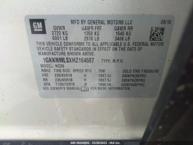 1GKKNMLSXHZ164687 GMC ACADIA SLT
