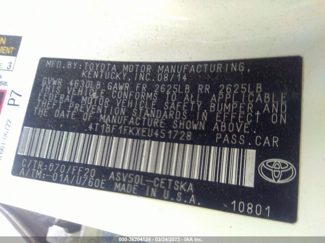 2014 TOYOTA CAMRY L/LE/XLE/SE/SE SPORT VIN: 4T1BF1FKXEU451728