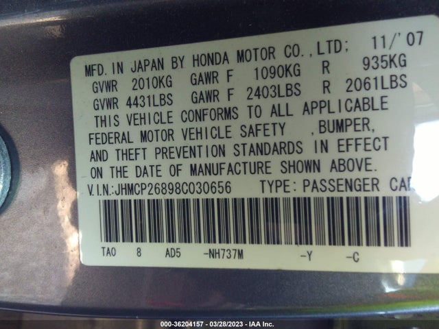 2008 HONDA ACCORD SDN EX-L VIN: JHMCP26898C030656