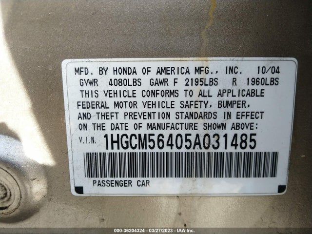 2005 HONDA ACCORD SDN LX VIN: 1HGCM56405A031485