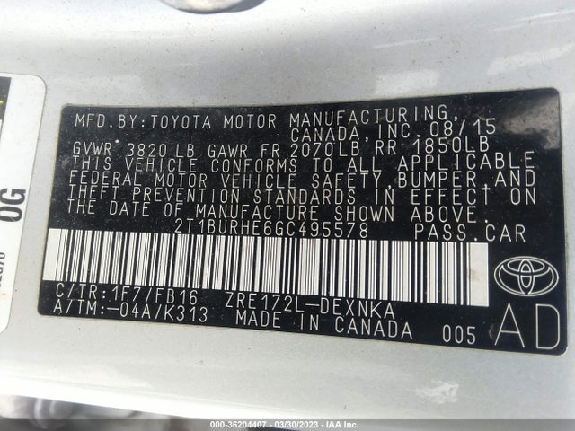 2016 TOYOTA COROLLA L/LE/S/S PLUS/LE PLUS VIN: 2T1BURHE6GC495578