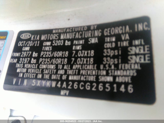 2012 KIA SORENTO SX VIN: 5XYKW4A26CG265146