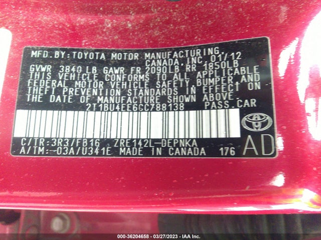 2012 TOYOTA COROLLA L/LE/S VIN: 2T1BU4EE6CC788138
