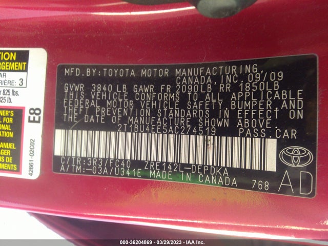 2010 TOYOTA COROLLA LE VIN: 2T1BU4EE5AC274519