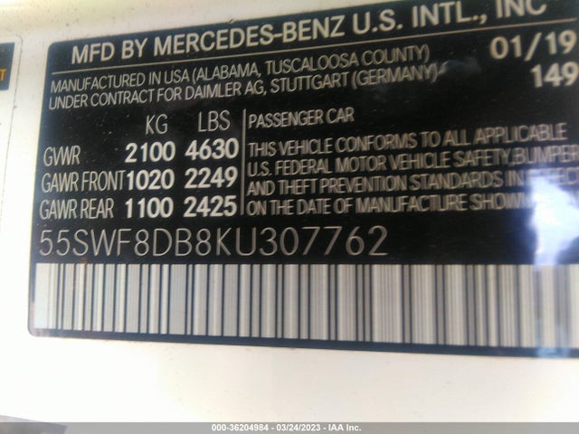 2019 MERCEDES-BENZ C-CLASS C 300 VIN: 55SWF8DB8KU307762