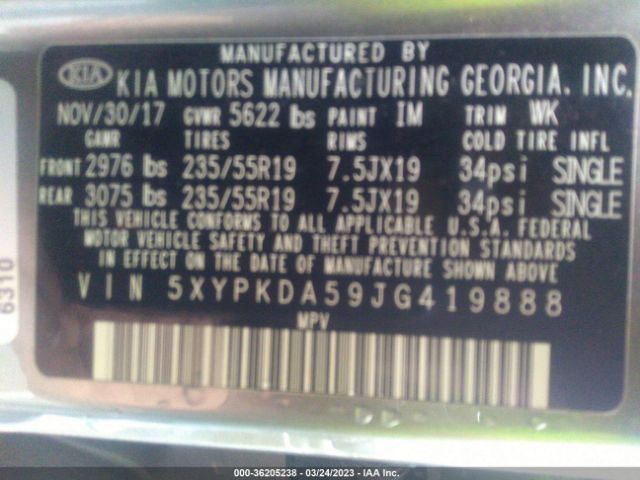 5XYPKDA59JG419888 KIA Sorento Sx V6