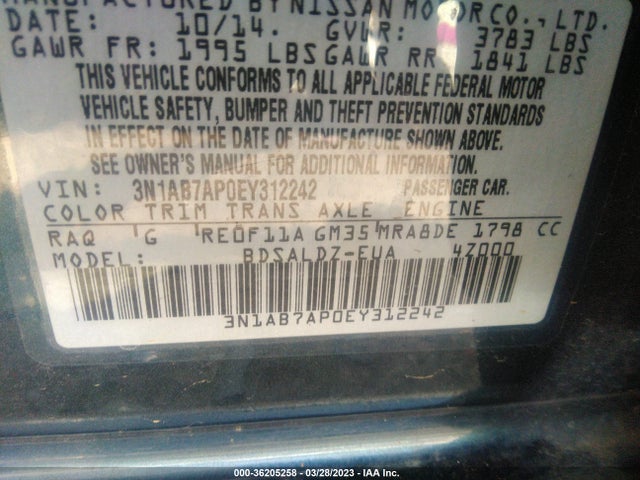 2014 NISSAN SENTRA S/FE+ S/SV/FE+ SV/SR/SL VIN: 3N1AB7AP0EY312242