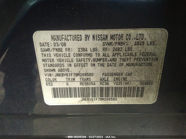 2008 INFINITI G35 SEDAN X VIN: JNKBV61F78M268580