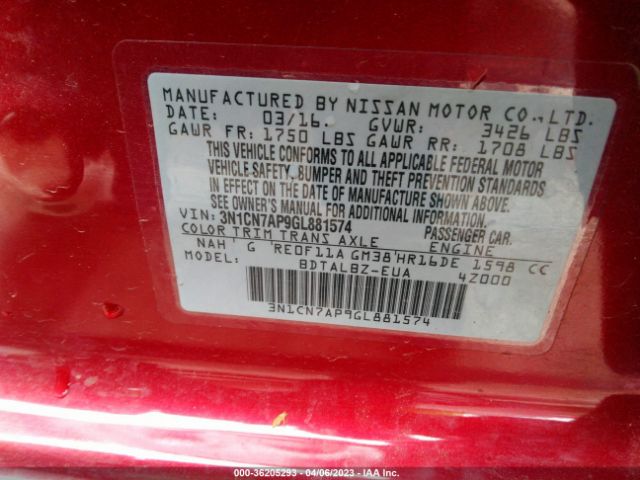 3N1CN7AP9GL881574 Nissan VERSA SV