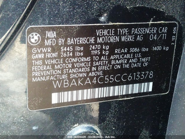 2012 BMW 7 SERIES 740I VIN: WBAKA4C55CC613378