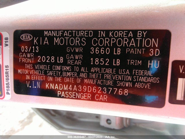 2013 KIA RIO LX VIN: KNADM4A39D6237768