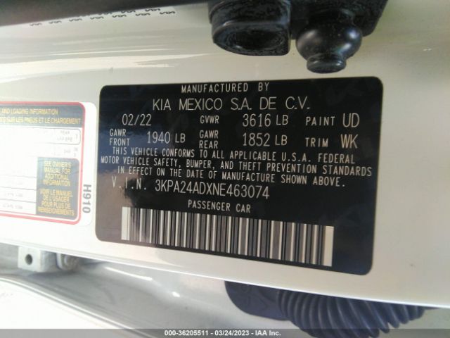 3KPA24ADXNE463074 KIA RIO S