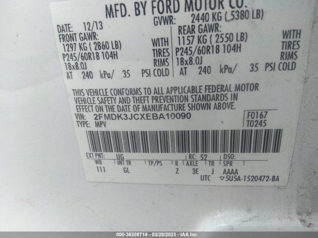 2014 FORD EDGE SEL VIN: 2FMDK3JCXEBA10090