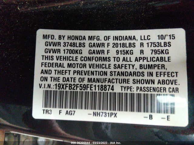 Honda Civic Sedan Lx 2015 19XFB2F59FE118874 Image 9