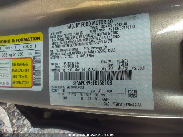 Ford FUSION SE 2015 3FA6P0H98FR158108 Image 9