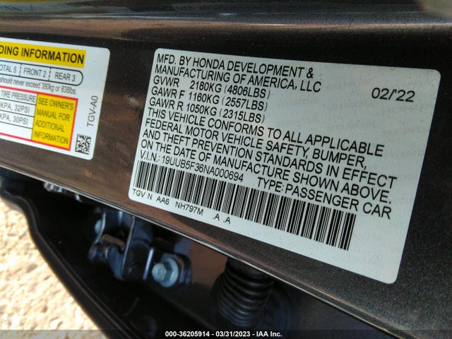 2022 Acura TLX, VIN: 19UUB5F36NA000694