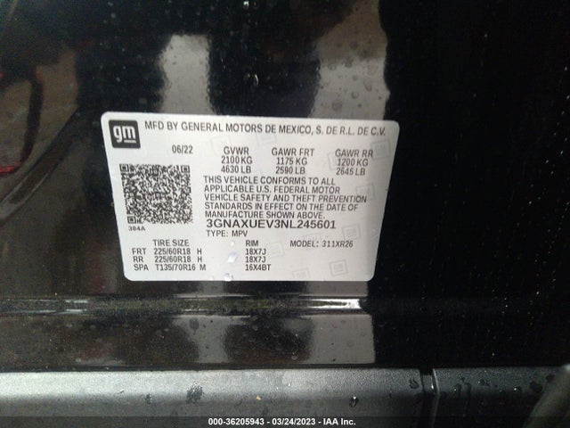 Aukcja sprzedaży 2022 Chevrolet Equinox Lt, vin: 3GNAXUEV3NL245601, numer aukcji: 36205943