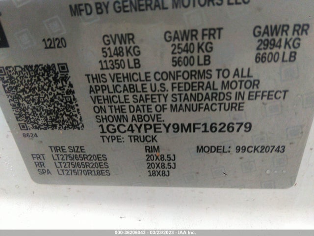 Auction sale of the 2021 Chevrolet Silverado 2500hd Ltz, vin: 1GC4YPEY9MF162679, lot number: 36206043