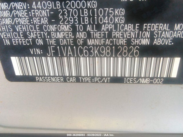 2019 Subaru WRX, VIN: JF1VA1C63K9812826