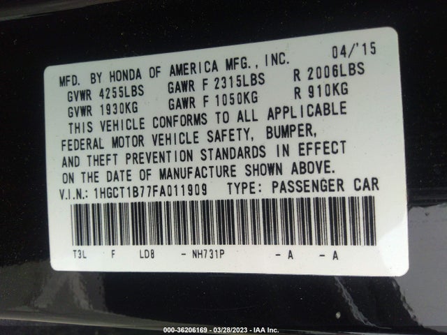 2015 HONDA ACCORD COUPE EX VIN: 1HGCT1B77FA011909