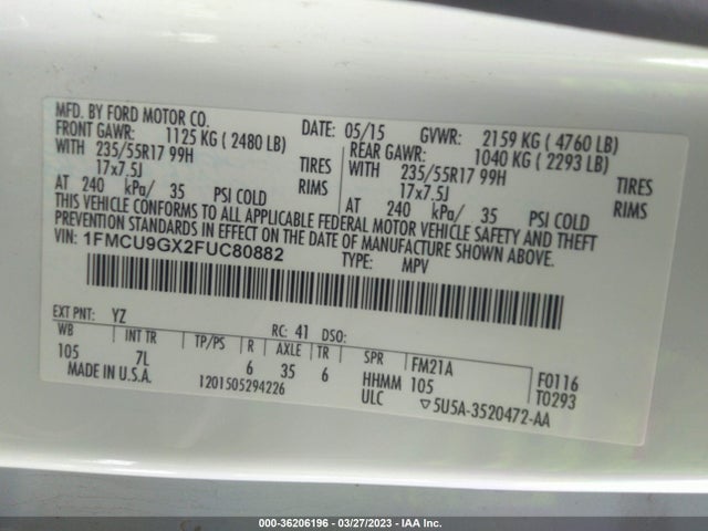 Ford ESCAPE SE 2015 1FMCU9GX2FUC80882 Image 9