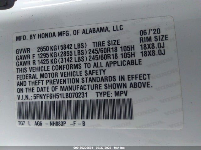 Honda Pilot Ex-l 2020 5FNYF6H51LB070231 Image 9