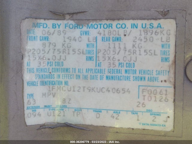 Продаж на аукціоні авто 1989 Ford Bronco Ii, vin: 1FMCU12T9KUC40654, номер лоту: 36206779