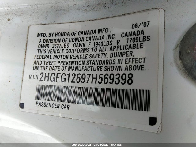 2007 HONDA CIVIC CPE LX VIN: 2HGFG12697H569398
