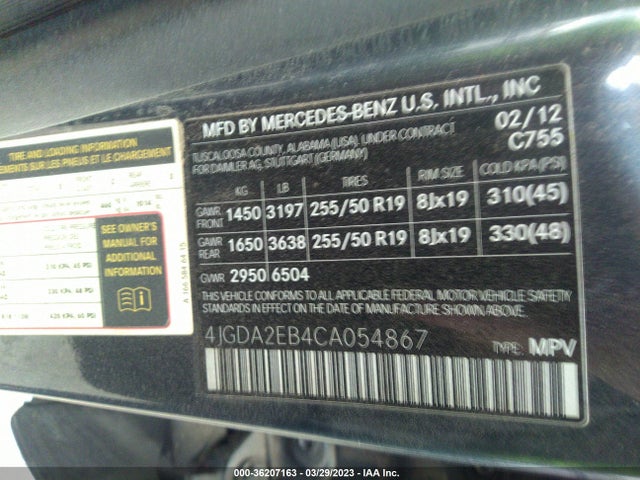 2012 MERCEDES-BENZ M-CLASS ML 350 BLUETEC VIN: 4JGDA2EB4CA054867