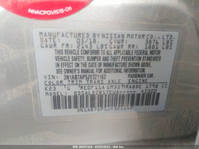 2018 NISSAN SENTRA VIN: 3N1AB7AP5JY321142